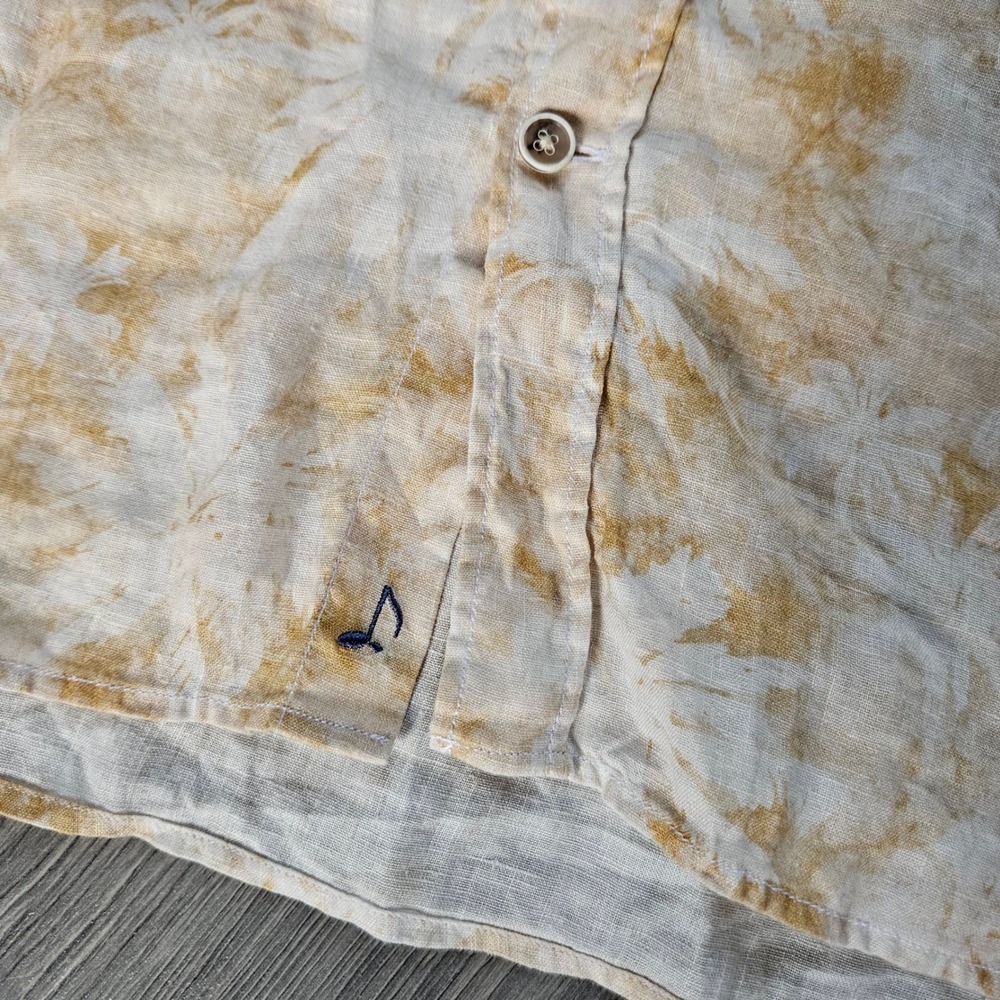 32 Bar Blues Mens Short Sleeve Linen Palm Print Button Down Shirt Tan Cream L - Picture 7 of 10